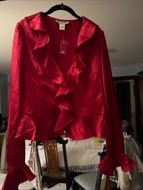 Bloomingdale's Red SILK Ruffle Blouse